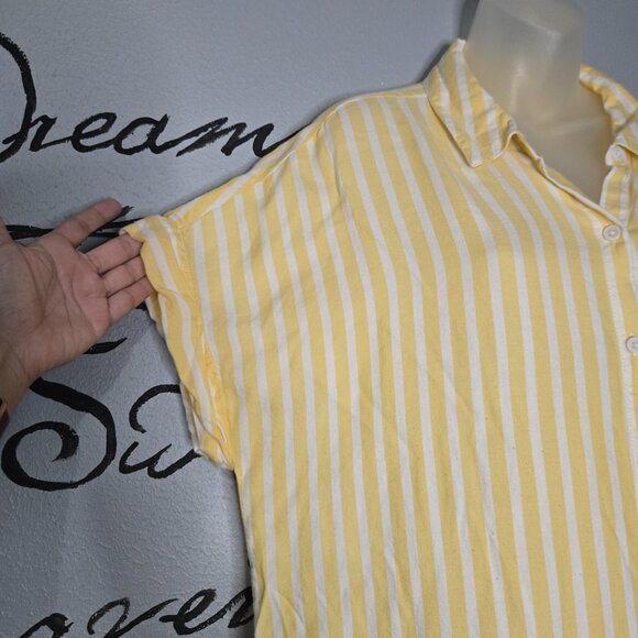 Beachlunchlounge Yellow & White Stripe Short Sleeve Button Down Blouse, XL - Picture 2 of 5